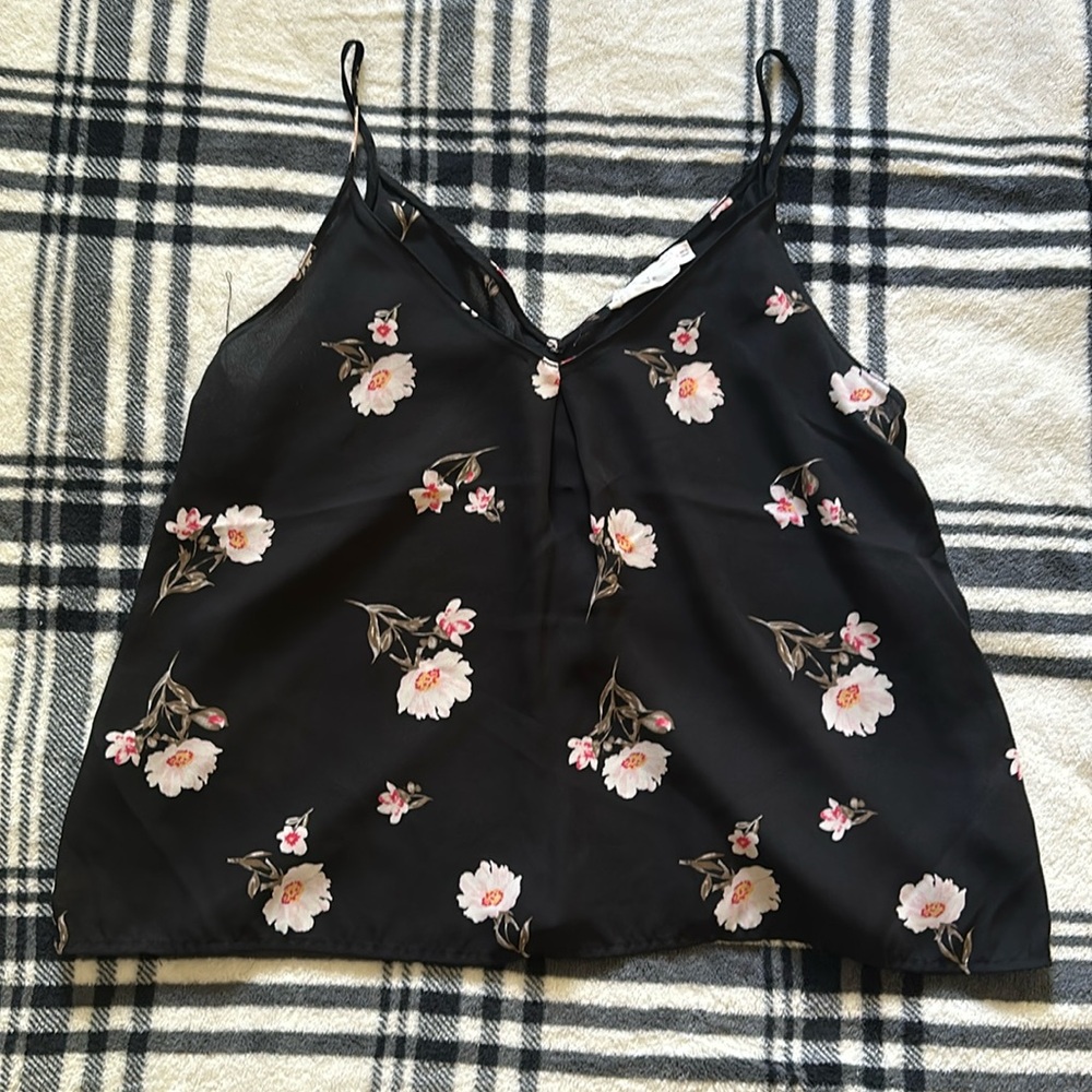 Lush black floral vneck flowy adjustable strap dressy tank blouse size xs